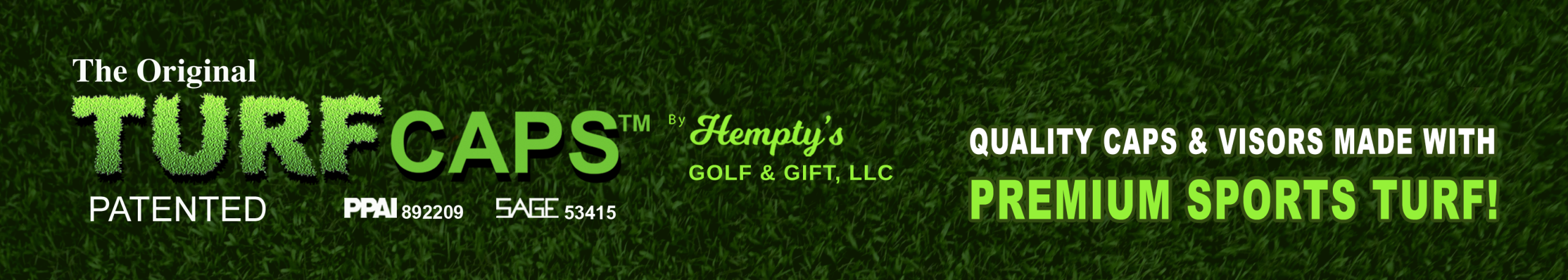 The Original Turf Caps by Hemply's Golf & Gift, LLC - Patented quality caps and visors made with premium sports turf on grass background